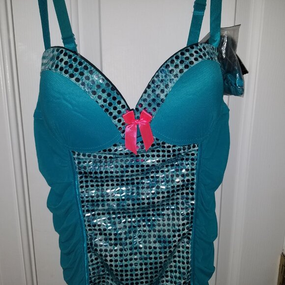Passion Forever Bustier Embelished Slip Lingerie XL TealColor Silver Sequin NWT - Picture 3 of 10